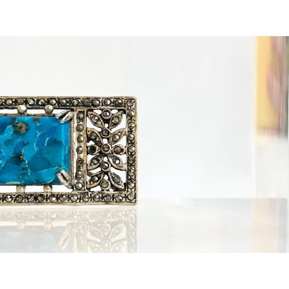 Art Deco Sterling Silver Natural Turquoise Marcasite Double Vintage Brooch Pin - Picture 4 of 10
